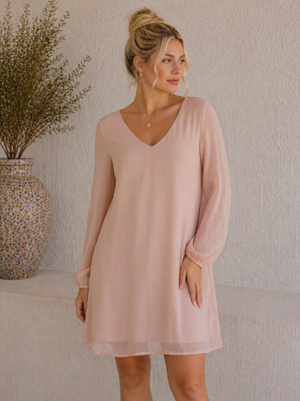 Lulus Blush Pink Chiffon Shift Dress Long Sleeve Size Small Romantic Feminine